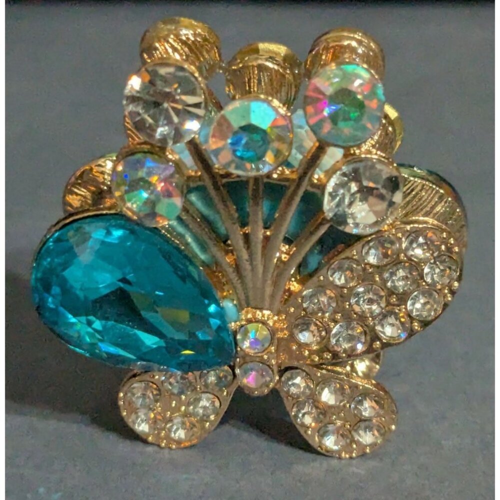 Crystal Butterfly Focal Bead Blue and Gold 1.5 in x 1.25 in Double Sided NWOT